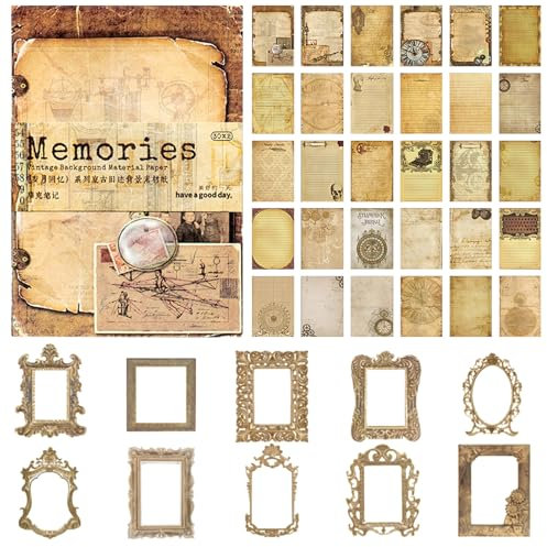 JSTHHTT 60 Blätter Vintage Scrapbooking Papier, 10 Blätter Fotorahmen Scrapbooking Karte Deko, Scrapbook Zubehör, Altes Papier mit Viele Muster, für Tagebuch Notizbuch DIY Kunst und Handwerk