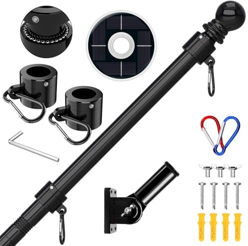 ZMTECH Flag Pole Kit, 6FT Wall Mounted Flagpole with Bracket Solar Light for Wall, Stainless Steel Tangle Free Flag Pole Holder for House(Without Flag, Black)