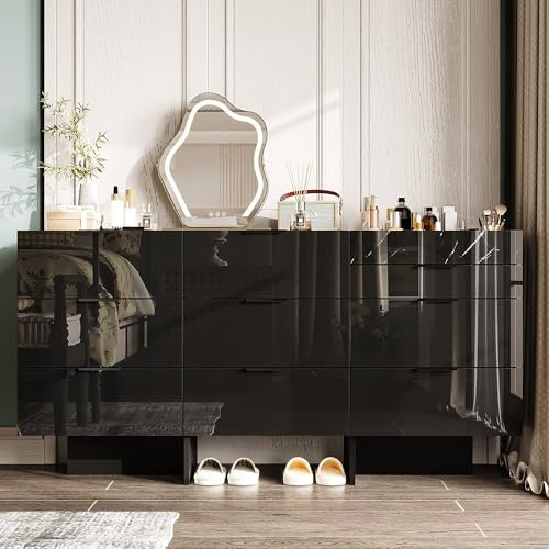 PREMTURE Kommode schwarz, Frisierkommode, Kommode mit 9 Schubladen, Hochglanzschwarzer 9-Schubladen-Schrank mit Organisationsfächern, Schlafzimmer, Wohnzimmer, 150 x 76 x 40 cm, MDF