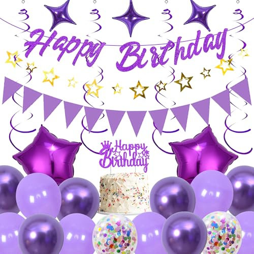 Runyuzi Geburtstagsdeko Luftballons Dekoration Set - Lila Happy Birthday Banners mit Wimpel Sternen Girlande und Kuchendeko, Sternen Folienballons Konfetti Ballons für Geburtstag Deko