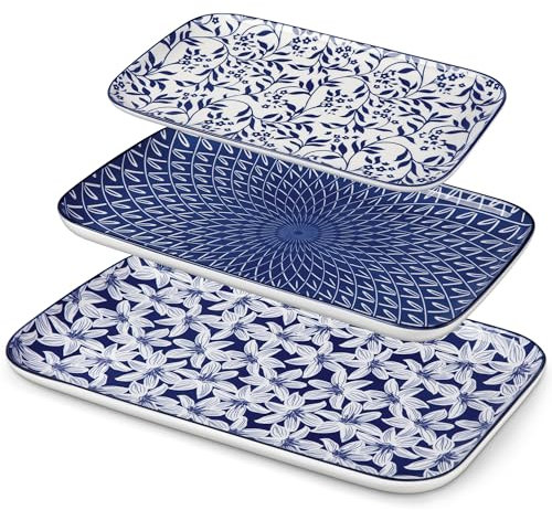 vancasso Juego de 3 bandejas rectangulares de 16 pulgadas, 14 pulgadas, 12 pulgadas, plato de servir extra grande, plato de cerámica para alimentos, apto para microondas y lavavajillas, azul vintage
