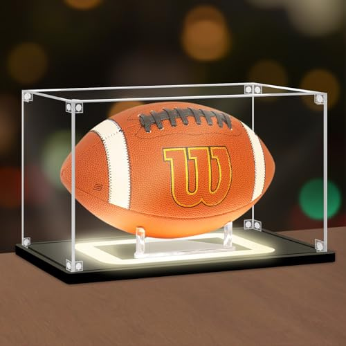Nonemey RugbyBall Vitrine mit Led-Licht, Acryl vitrine schaukasten Display case mit Ständer für volle Größe Volleyball Fußball, Sport Memorabilia Vitrine für Sammlerstücke(Schwarz,32x19x19 cm )