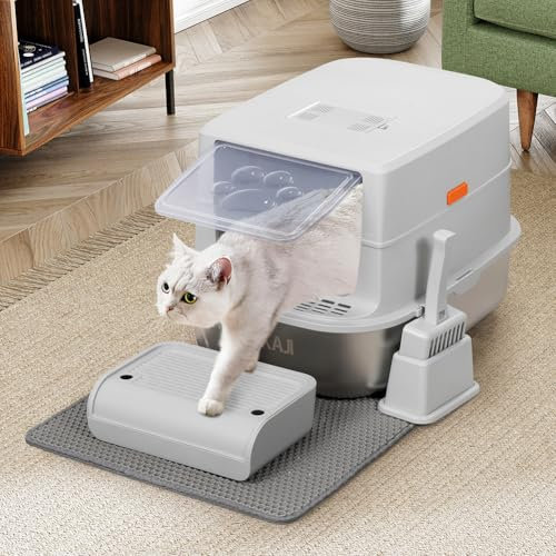 BAKAJI Lettiera per Gatti XXL con Base in Acciaio da 36 Litri e Pedana Anti Sabbiolina, Filtro al Carbone Anti Odore, Sportellino Trasparente, Paletta con Contenitore, Tappetino Antisporco 58x42x40cm