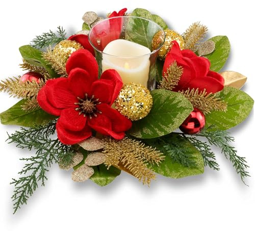 45 cm großes Tafelaufsatz mit flammenlosem LED-Kerzenhalter, Design mit weißer künstlicher Magnolie, goldenen Kugeln und Fichtenzweigen für die Weihnachtsdekoration (Rot)