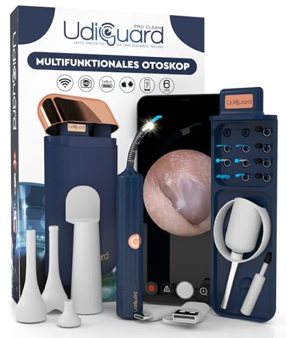 Ohrenschmalz Entferner Otoskop 10MP-HD-Kamera WiFi Ohrreiniger UdiGuard Pro-Clean Flexibler Digitaler Ohrenspiegel mit Pinzette und Austauschbaren Spitzen - Erwachsene und Kinder Hals-Nasen-Ohren-Set