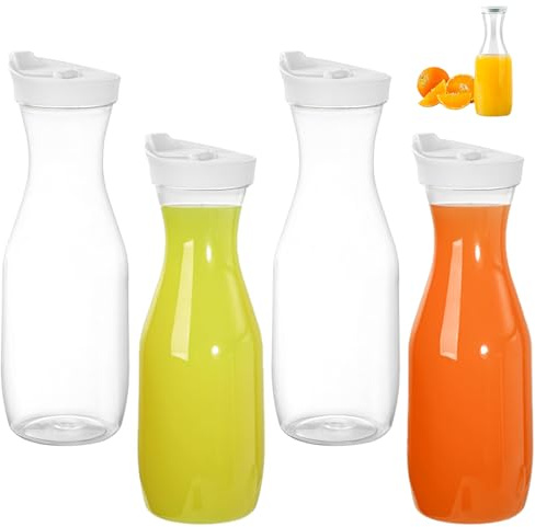 Brocche per Succhi, Caraffe per Acqua con Coperchio in Plastica da 1L, Limonata Caraffa per Acqua, Trasparente Succo Bottiglie, Brocche con Coperchio Ribaltabile, per Festa, Picnic