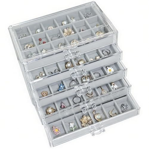 Kongming Acryl Schmuckkästchen 5 Ebenen, Schmuckkasten mit 5 Samt Schmuckaufbewahrung Schublade Jewelry Organizer mit Aufnehmbare Tabletts für Schmuck Aufbewahrung, Halsketten, Ringe, Ohrringe (Grau)