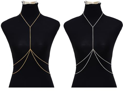 DGHEGDUI 2 stycken dubbelskiktade kroppskedjor, enkla Y-formade halsband, sommarstrand midjekedjor, sexiga dekorationer för den kvinnliga kroppen (guld, silver).