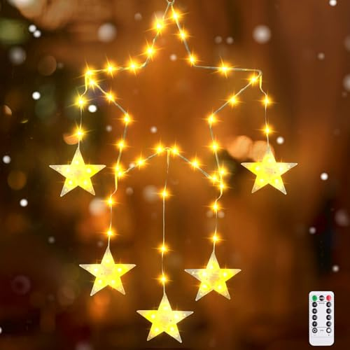 Ferakum LED Sterne Weihnachtsdeko Fenster, Weihnachtsdeko Beleuchtet Aufhängen Fenster Lichter mit Timer & Fernbedienung, Warmweiß Wasserdicht Lichterkette Sterne für Weihnachtsdeko Fensterdeko (B)