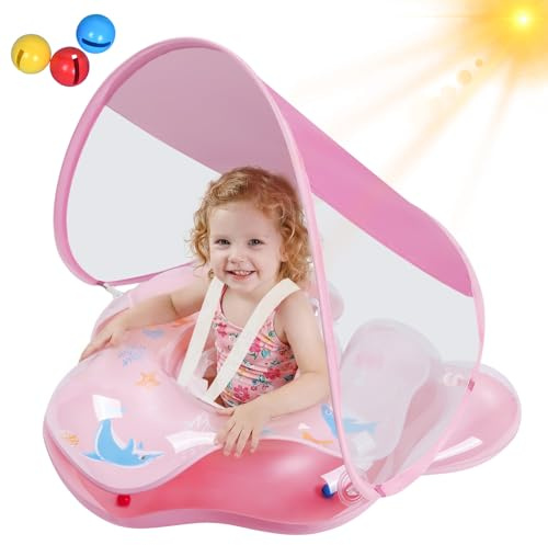 Oziral Bouée Bébé avec Pare-Soleil Amovibles UPF50+, avec Clochette, Bouee Bebe Convient aux Enfants de 6 Mois à 3 Ans. Piscine Gonflable Bébé,Rose Transparent