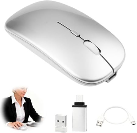 Voltrique Wireless Bluetooth Mouse with USB-C Adapter 2.4 GHz USB Mice Rechargeable Portable Slim Silent Office Mice Compatible with MacBook Pro/Air/Mac/iPad/Laptop/Desktop/Mac/PC/Computer/Silver