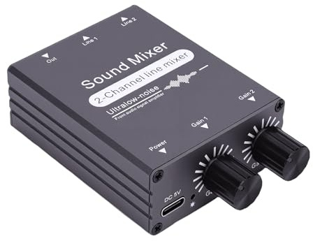 Plyisty 2 Channel Audio Mixer, 2 In 1 Out Mini Stereo Sound Mixer, 3.5mm Interface, Dual Independent Volume Control Knobs, for PC, Phone, Laptop, Headphones