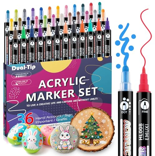 Feutres Acryliques 36C – Double Pointe Fine & Ronde – Etanche – Cadeau | Marqueurs permanents pierre, bois, céramique. Fine pour trait, ronde pour zone. Cadeau Pâques, Noël, anniversaire.