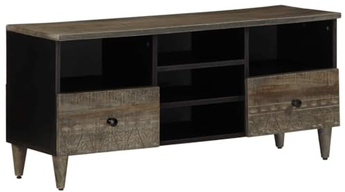Meuble TV Noir Moderne en Bois Massif de Manguier 100 cm, Console Salon avec Grand Rangement, 2 Tiroirs et 5 Étagères pour Salon et Chambre, Design Sculpté à la Main, Facile à Assembler