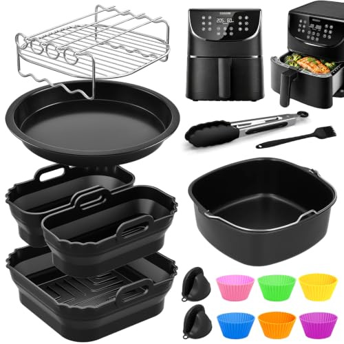 Heißluftfritteuse Zubehör für COSORI Airfryer XXL 5,5L, Turboblaze 6L | 16-Teiliges Airfryer Zubehör Set Für COSORI ICONIC Airfryer 6,2L, Faltbare Silikonform Wiederverwendbar Auflaufform Einsatz