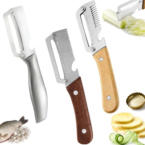 Kerlwert SchäLer, 3-In-1 Kerlwert ProfischäLer, Multifunktionaler GemüSeschneider, GemüSeschäLer Mit Holzgriff, FüR Kartoffeln, KüRbisse, Karotten, FrüHlingszwiebeln Und Fisch (A+B+C)