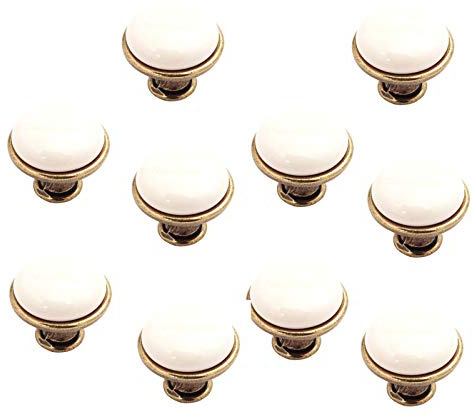 SO-TECH® 10er SET Möbelgriffe Möbelknöpfe Kari Ø: 28 mm cremefarbig mit Metallfuß in Messingoptik Antik