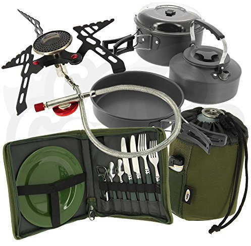 New Carp Fishing Insulated Brew Kit Bag & 3pc Kettle, Pot & Pan Set & Stove & Butane Gas Cover