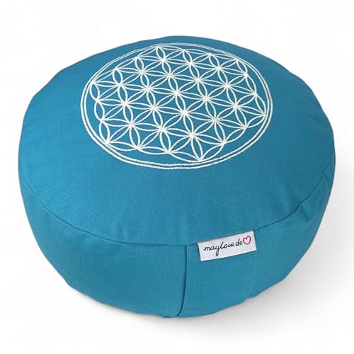 maylow Hochwertiges Meditationskissen Stickerei Blume des Lebens Kordelzug (Blume türkis, H: 15 cm)