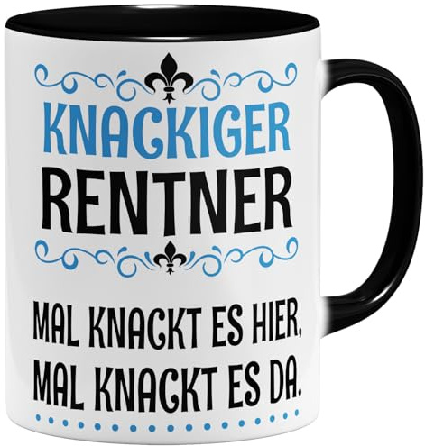 OM3® Knackiger Rentner Rente Kaffee-Tasse mit Spruch - Abschiedsgeschenk Ruhestand Rente - Keramik Becher - 11oz 325ml - Beidseitig Bedruckt - Schwarz