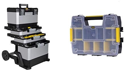 Stanley FatMax Rollende Werkstatt aus Metall-Kunststoff 1-95-622 – Werkzeugwagen leer – Vielseitige Werkzeugbox für Kleinteile & FatMax Werkzeug-Organizer Sortmaster/Aufbewahrungsbox (29x21x6.3cm)