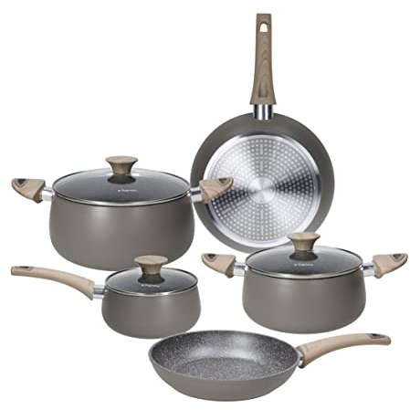 Tognana Eco, Batteria di pentole e padelle, Set con 2 padelle, 3 casseruole, 3 coperchi trasparenti, 8 Pezzi, Alluminio, Grigio