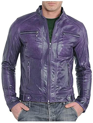 HiFacon - Giacca da motociclista in vera pelle d'agnello, trapuntata, da uomo, colore: Viola Viola - Ecopelle XXXXL