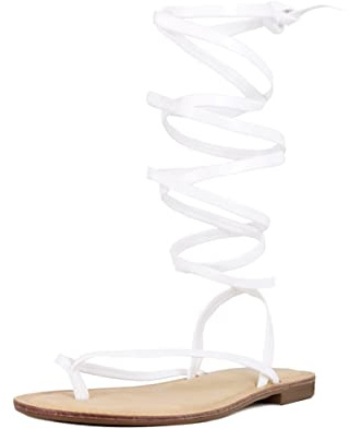 QUEEN HELENA Sandali Infradito alla Schiava Bassi con Lacci Casual Donna Y3008 (Bianco, numeric_38)