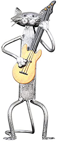 Kavolet Katzenskulptur aus Metall, dekorative Statuen, Metall, spielt die Gitarre, Geschenke Figur Gitarre für Thanksgiving Weihnachten, Handwerk und Dekoration Haus, Silber, Typ 3