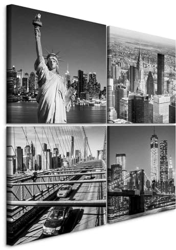 B&D XXL - Leinwandbild Set New York, 40x40 cm, 4-teilig, Schlafzimmer | Hochwertige Leinwand, sofort aufhängbar, ideal fürs Wohn- oder Schlafzimmer, wasserfest und lichtecht, langlebig, stilvoll