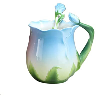 KIZQYN Tasse Café Girl Coeur Tasse créative Fleur céramique Tasse os Chine Tasse de café Fleur Tasse Tasse de Tasse de thé Rose Mugs et Soucoupes (Color : Blue)