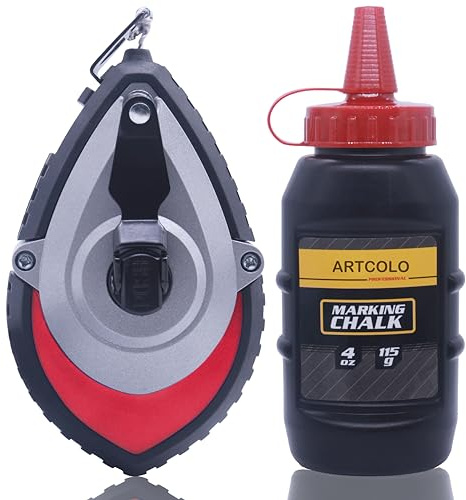 ARTCOLO Chalk Reel Kit - 100ft Line, 4oz Red Chalk, Aluminum Box, Six Gear Quick Retrieval