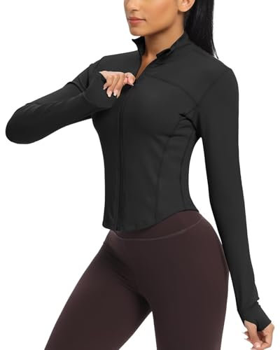 QUEENIEKE Women's Cropped Running Jackets - Zip Up Lightweight Athletic Yoga Gym Tops BBL Jacket with Thumb Holes (Black, X-Small)