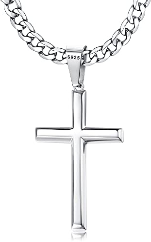 FIOROYAL 925 Sterling Silber Halskette Kreuz Kette Herren Silber Kette mit Kreuz Anhänger mit 5MM Breit Edelstahl Kette für Damen Christentum Schmuck Herren Jungen Länge 46CM