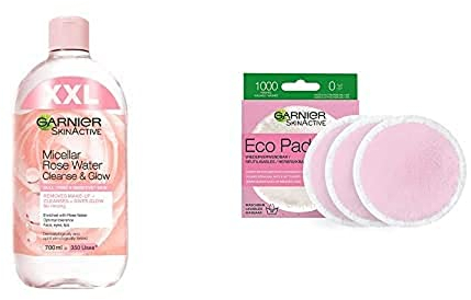 Garnier Mizellenwasser Set aus 700 ml XXL Gesichtswasser mit Rosenwasser, für sanfte Reinigung & schonendes Abschminke + Waschbare Abschminkpads für gereinigte & weiche Haut, Aus Mikrofaser