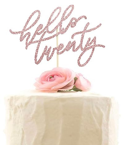 Hello Twenty Cake Topper, Happy 20th Birthday Cake Decorations, Handwriting Script 20th Anniversary Party, Rose Gold Glitter