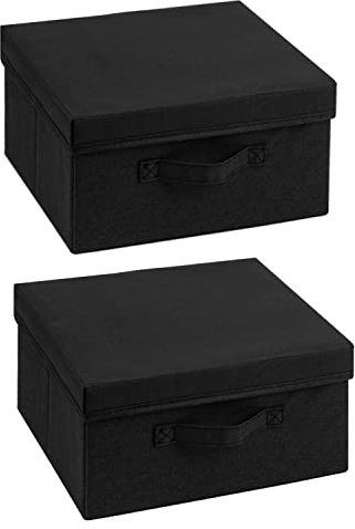 Augfox Set of 2 Collapsible Storage Box - Photo Storage Boxes, Storage Boxes with Lids Fabric for Clothes, Books, and Toys (Black, 36x32x16cm)
