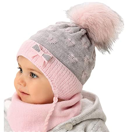 Smarilla Baby Winter Mütze Mädchen Bindemütze Strickmütze mit Dreiecktuch Schal, Größe: 44-46, Farbe: Rosa-Grau