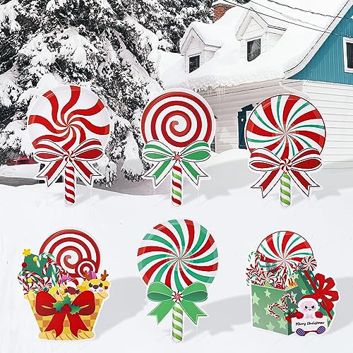 6pcs Bonbons Décorations de Noël Panneaux de Jardin Extérieur, Plastique Menthe Poivrée Candy Yard avec Piquets pour Pelouse Cour