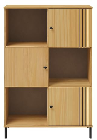 Woodroom Sevilla Massives Bücherregal eichefarbig lackiert Kiefer massiv 3 offene Fächer 3 Türen Regal Bücherschrank Wohnzimmerschrank