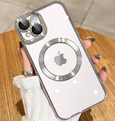 vomubao Cover per iPhone 14 Magnetica Custodia Compatibile con MagSafe, Anti-Scratch Trasparente Custodia Telefono Magnetico per iPhone 14 con Protezione Fotocamera-Argento