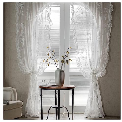 KnSam Transparente Schlaufen Gardinen mit Ösen Weiß, Vintage Spiegel Muster Spitze Halbtransparent Vorhang Voile aus Voile Polyester, 150x200CM(BxH)