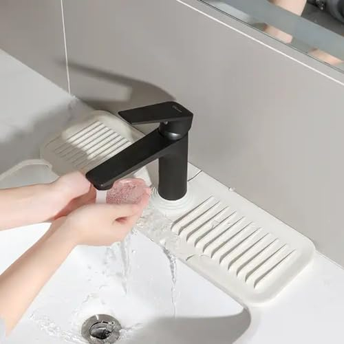 Silicone Sink Faucet Mat 45cm x 14cm Kitchen Sink Splash Guard Faucet Drip Catcher Tray Mat for Kitchen Splash Drying Countertop Sink Protectors Absorbent Mat, (Off White)