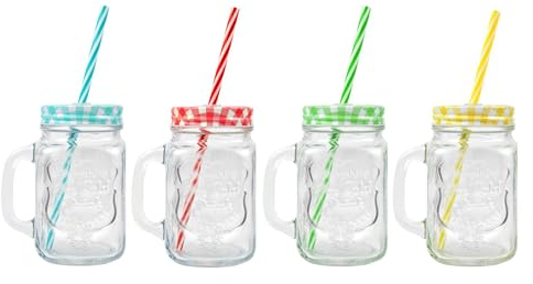 4 Mason Drinking Glass Jars Embossed Design - Red, Blue, Green, Yellow - Summer Party Cocktail BBQ Lid Reusable Straws