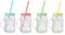 4 Mason Drinking Glass Jars Embossed Design - Red, Blue, Green, Yellow - Summer Party Cocktail BBQ Lid Reusable Straws