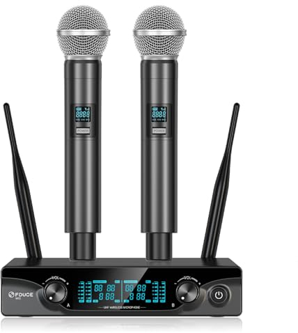 FDUCE Microfono Wireless, Set Doppio Microfono Wireless Karaoke con Ricevitore per Karaoke Feste Matrimoni Chiesa Eventi all'aperto Canale Regolabile UHF 2x5 60m (W13)