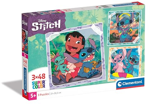 Clementoni- Disney Lilo & Stitch 3 Supercolor Puzzles Infantiles De 48 Piezas, para Niños 5-7 Años, Desarrolla La Concentraciòn Mentàl Y La Logica, 25321, Multicolor
