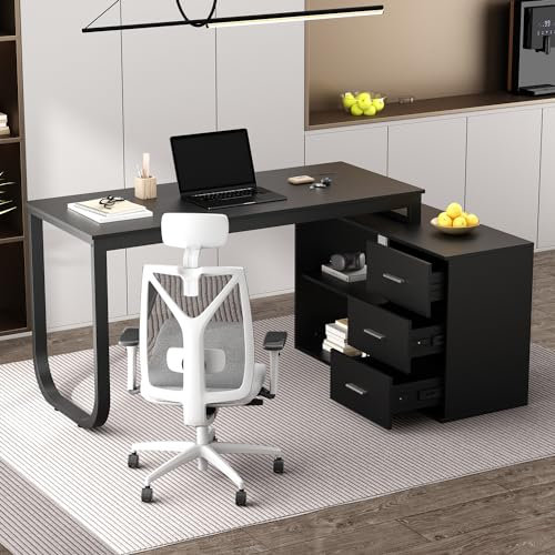 PREMTURE L-förmiger Schreibtisch Computertisch mit 3 Schubladen und Regalen für Büro Arbeitszimmer, Eckschreibtisch, Arbeitstisch, Bürotisch, 140 x 105 x 75 cm, Schwarz, MDF für Home Office