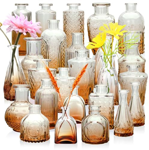 Brajttt Knospenvasen-Set, bernsteinfarbene Vasen, Glasvasen in Großpackung, kleine Vasen für Mini-Blumenvasen, niedliches Vintage-Glas-Set für Blumen, Hochzeit, Zuhause, Tafeldekoration, 25 Stück