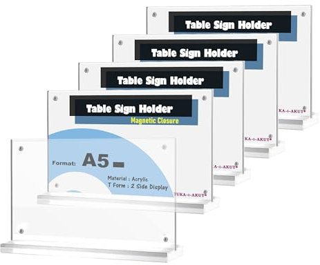 TUKA-i-AKUT 5x A5 Quer Tischaufsteller Acryl Transparent mit Magnetverschluß, Doppelseitig Display Prospekthalter Flyer Aufsteller Tisch Werbeaufsteller, Glasklar Acrylglas T-Ständer TKD8241-A5-W-5x